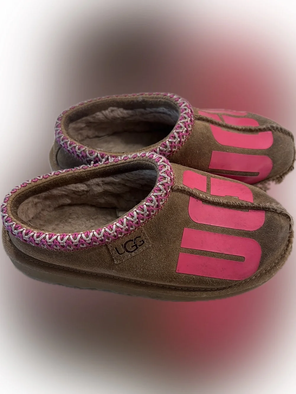 UGG Kids Brown Suede Slippers with Pink Logo
